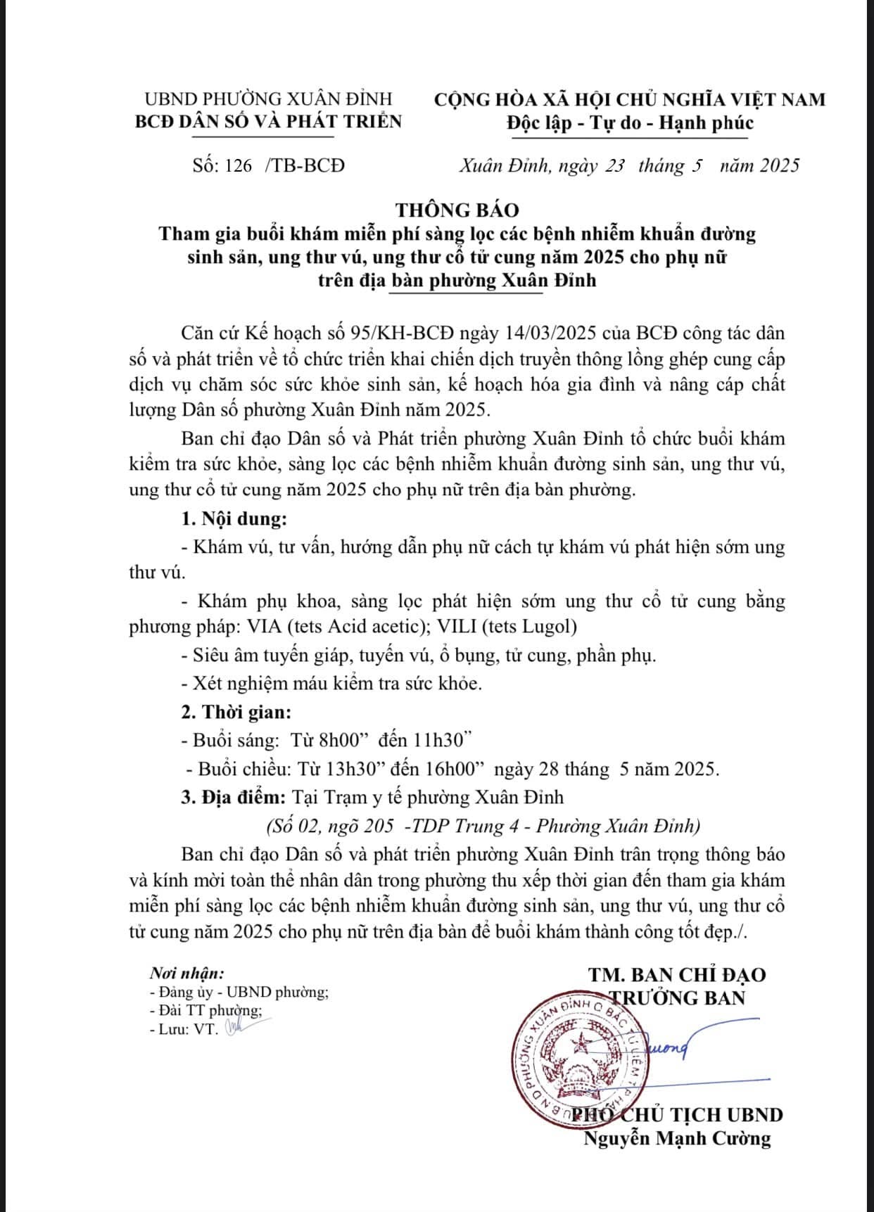 TB vv tham gia buổi khám miễn phí, sàng lọc các bệnh nhiễm khuẩn đường sinh sản, ung thư vú, ung thư cổ tử cung năm 2025 cho phụ nữ trên địa bàn phường Xuân Đỉnh